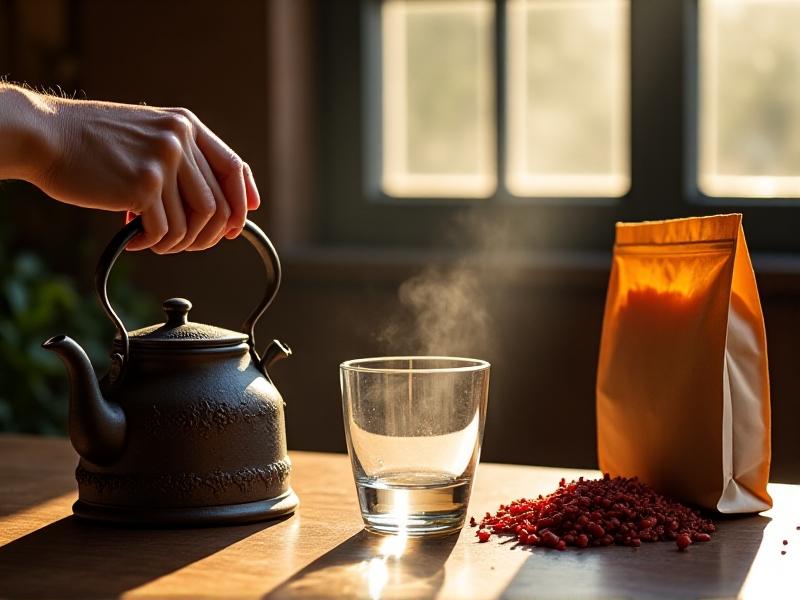 A hand pouring steaming water from a kettle into a transparent measuring cup placed on a rustic wooden table, with a bag of dehydrated chili visible in the background, illuminated by afternoon sunlight streaming through a window.