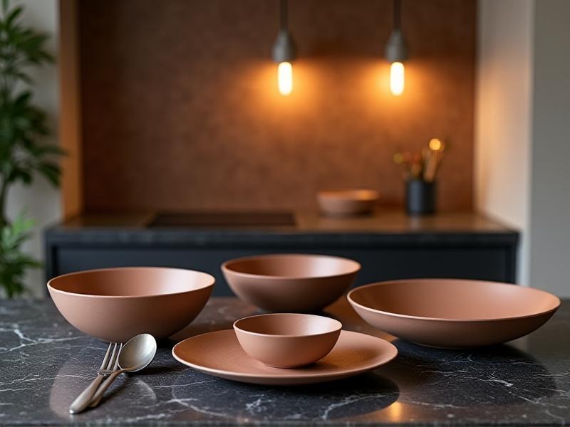 Sleek fold-flat bowls and plates in muted earth tones arranged on a marble kitchen island, paired with brushed stainless steel cutlery under warm pendant lighting, embodying Scandinavian minimalist design.