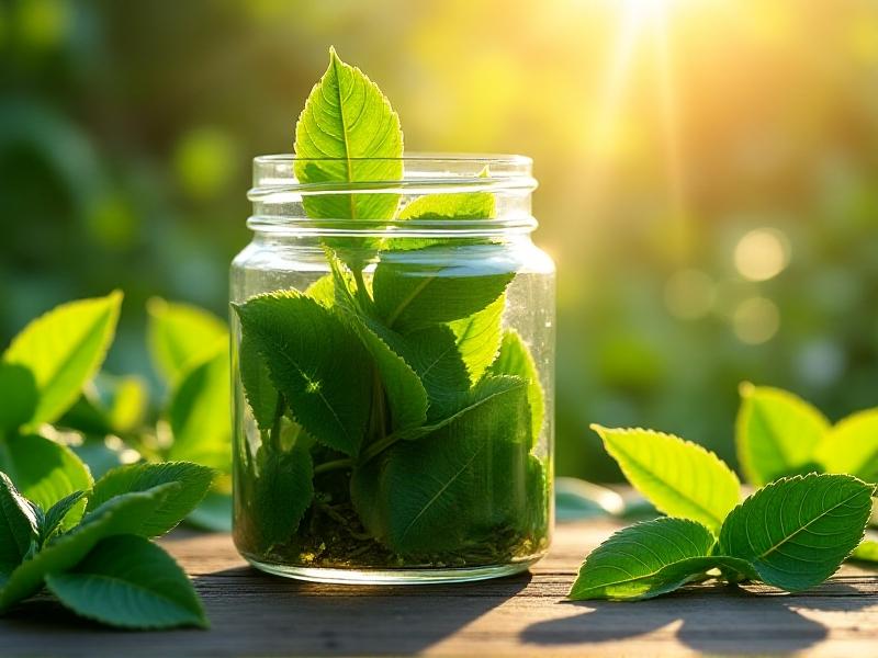 Close-up of green tea leaves steeping in a sunlit glass jar, vibrant emerald hues glowing under soft sunlight, with blurred garden background emphasizing freshness and natural health benefits.