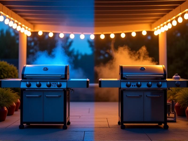 Side-by-side comparison of a converted natural gas grill and a traditional propane grill, with visible flame differences—blue flames on the left, yellow on the right—against a twilight backdrop with a patio setting.