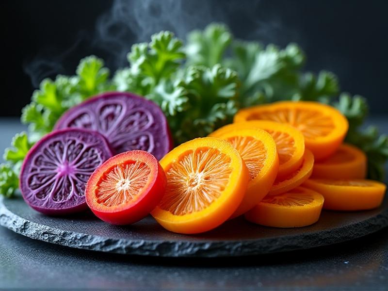 Assortment of colorful vegetables sliced open to reveal cross-sections: purple cabbage, yellow bell peppers, dark kale leaves, and orange sweet potatoes arranged on a slate platter, steamy mist rising from their surfaces indicating fresh cooking, dramatic side lighting creating deep shadows