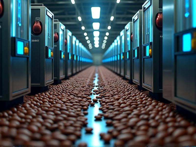 An industrial packaging line with automated machines inserting oxygen absorber packets into metalized pouches containing coffee beans. The scene features stainless steel machinery with blue accent lighting, conveying technological precision. Coffee beans spill artistically across the foreground, contrasting with the mechanical environment.