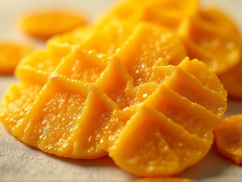 Macro photography of freeze-dried mango slices and air-dried banana chips. The mango displays a crisp, honeycomb-like structure with bright yellow color, while banana chips are leathery and caramelized. Soft natural light emphasizes textural differences and appetizing details.