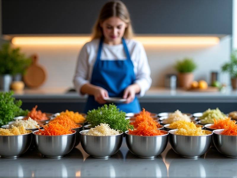 A close-up of an allergy-friendly meal prep station: stainless steel bowls filled with colorful ingredients like shredded carrots, quinoa, and diced chicken. A chef in a blue apron assembles meals into compartmentalized bento boxes labeled 'Dairy-Free' and 'Gluten-Free.' The kitchen has modern, clean lines with natural wood accents, and soft overhead lighting highlights the freshness of the ingredients.