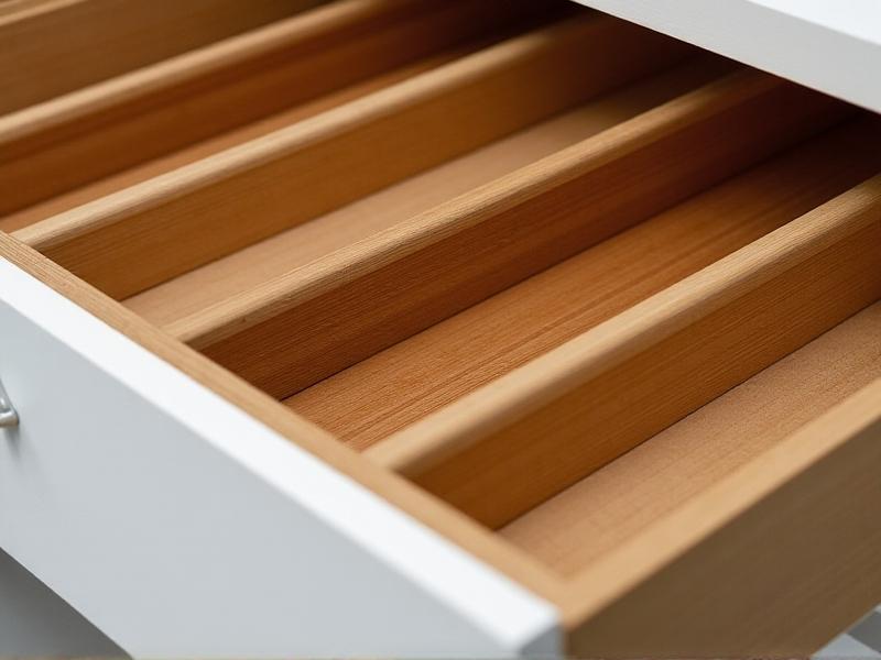 Side-by-side comparison of drawer dividers in bamboo, frosted acrylic, and brushed metal. Natural light reflects off the acrylic’s smooth surface, while metallic sheen contrasts with bamboo’s textured grain.