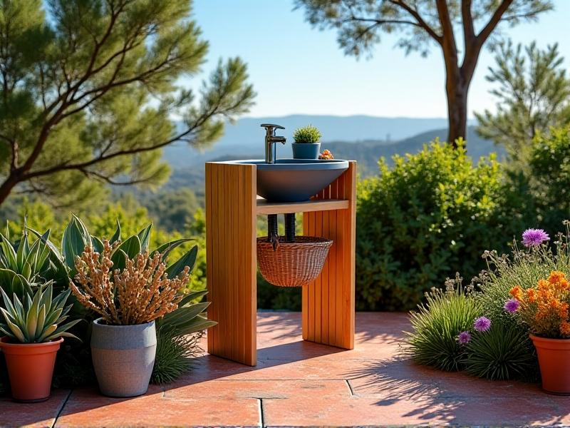 An outdoor collapsible sink station with a bamboo frame, featuring a detachable hose nozzle and a biodegradable soap dispenser. A woven basket beneath collects filtered greywater for garden use, surrounded by potted succulents and terracotta tiles under a clear blue sky.