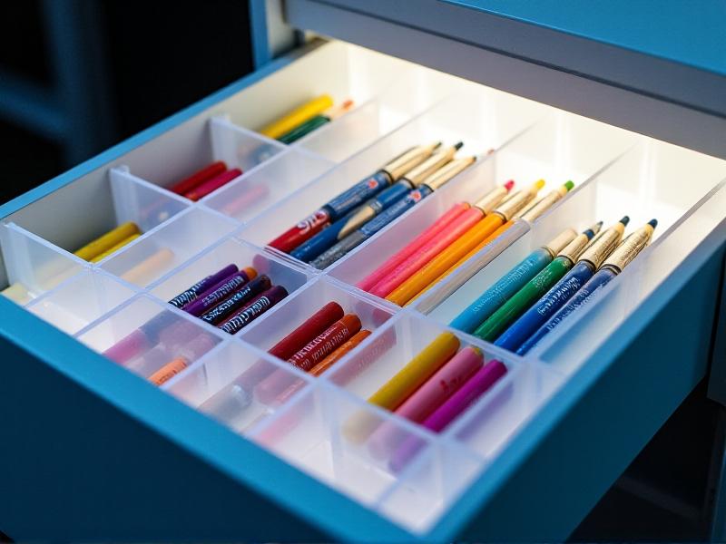 A drawer with adjustable dividers made from interlocking white plastic grids, holding art supplies like markers and scissors. Bright, even lighting emphasizes the grid’s flexibility and vibrant colors.