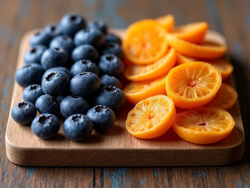 Side-by-side comparison of freeze-dried blueberries and air-dried apricots on rustic wooden boards. The blueberries retain plump shape and deep purple hue, while apricots appear shriveled with muted orange tones. Laboratory-grade lighting highlights texture contrasts and color preservation.