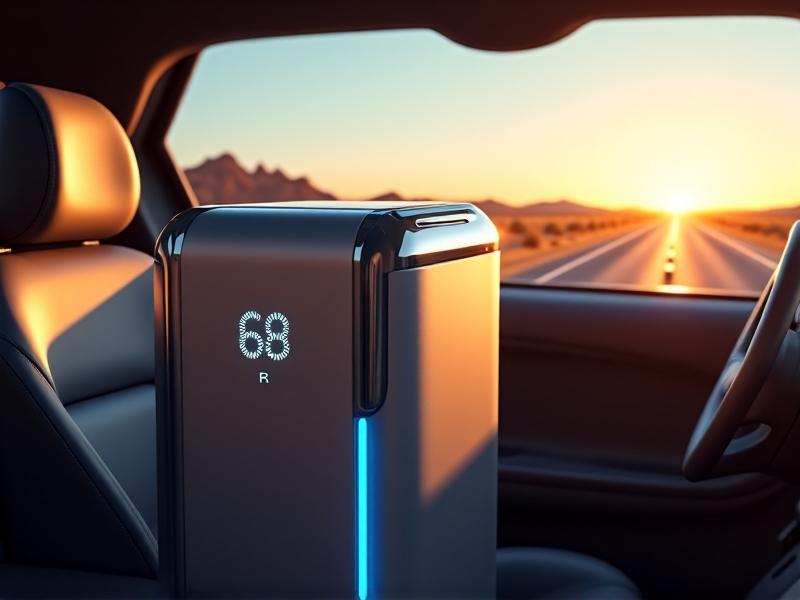 A portable USB mini fridge rests on a car passenger seat, plugged into a cigarette lighter adapter. The fridge's LED display shows 68°F, with condensation forming on its metallic surface. Outside the window, a desert highway stretches under a bright midday sun, rays glinting off the vehicle's chrome accents.