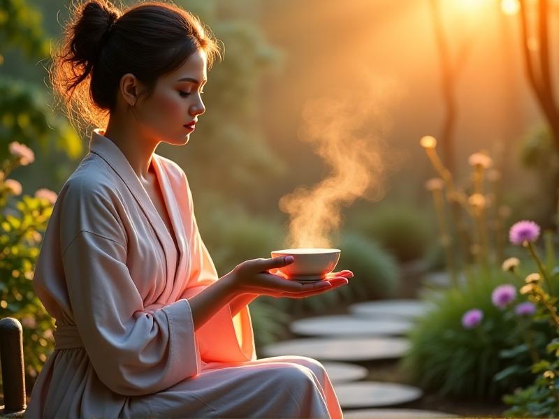 Hands cradling a steaming cup of solar tea in a tranquil garden, sunrise casting warm tones over dew-covered plants, symbolizing mindfulness and mental relaxation through tea rituals.