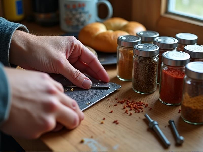 Close-up of a person's hands securing a magnetic strip to the inside of a kitchen cabinet using a drill. The strip is metallic and sturdy, with several magnetic spice jars aligned in a row. The background shows tools like a measuring tape and screws, emphasizing a DIY project in progress.