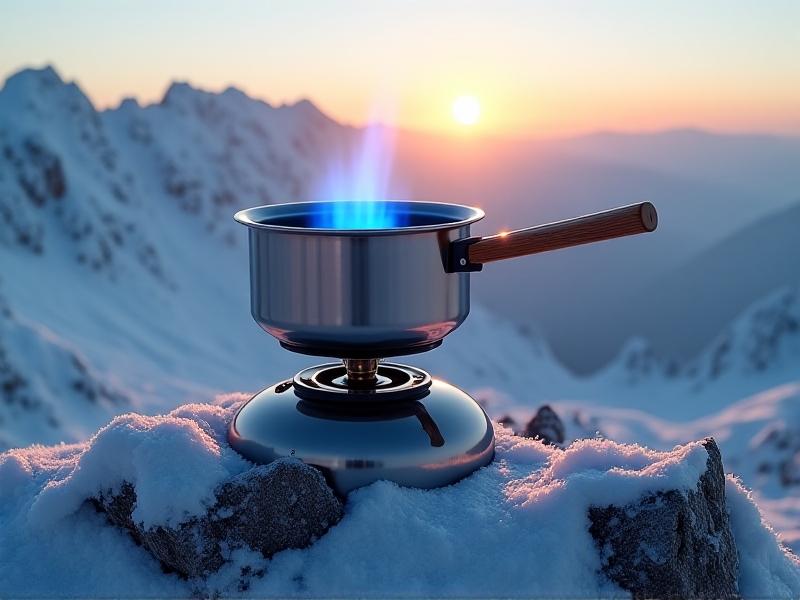 A propane stove melting snow in a stainless steel pot atop a snowy mountain ridge. The stove emits a strong blue flame, contrasted against frost-covered rocks and a misty sunrise. The image emphasizes propane’s reliability in extreme cold.