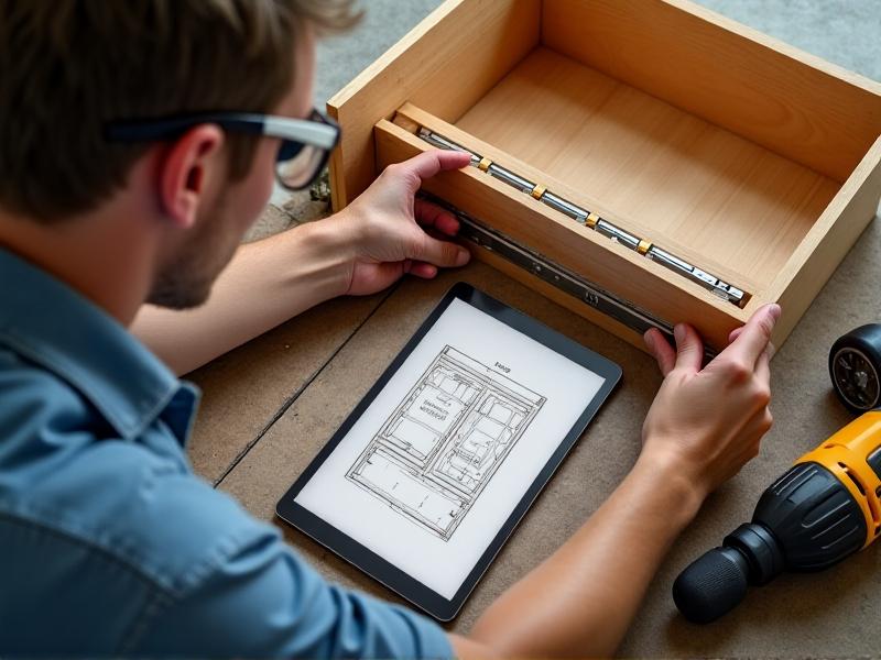 A hands-on DIY installation scene showing a partially assembled slide-out trash bin frame inside an unpainted plywood cabinet. Tools like a cordless drill, measuring tape, and level rest on a drop cloth. The installer wears safety goggles while adjusting soft-close drawer slides. A diagram on a tablet displays cabinet dimensions and mounting points.
