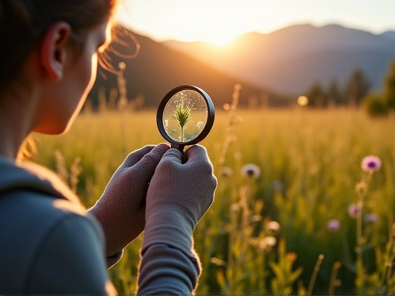 A person’s hands wearing fingerless gloves holds a magnifying glass over a field guide comparing two similar plants: one edible with serrated leaves and purple stems, the other toxic with smooth-edged leaves and red veins. The background is a sunlit meadow with a blurred mountain range, emphasizing careful study in nature.