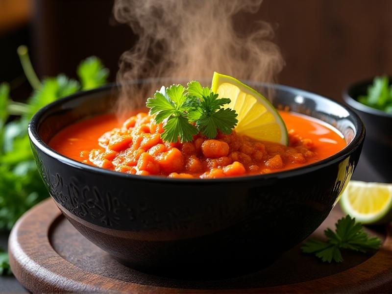 A vibrant red Thai coconut curry in a black ceramic bowl, garnished with cilantro and lime wedges. The thermal cooker's inner pot shows remnants of the dish, with steam rising gently. Warm golden lighting enhances the curry's glossy surface and fresh herbs.
