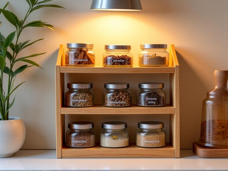 A three-tiered bamboo spice rack with staggered shelves, each holding uniform-sized glass jars. The top tier features frequently used spices like cinnamon and cumin, while lower tiers store bulkier items. Natural wood grains contrast with metallic labels, and a small level tool rests on the middle shelf, symbolizing precise installation. Warm overhead lighting creates a cozy, functional kitchen vignette.