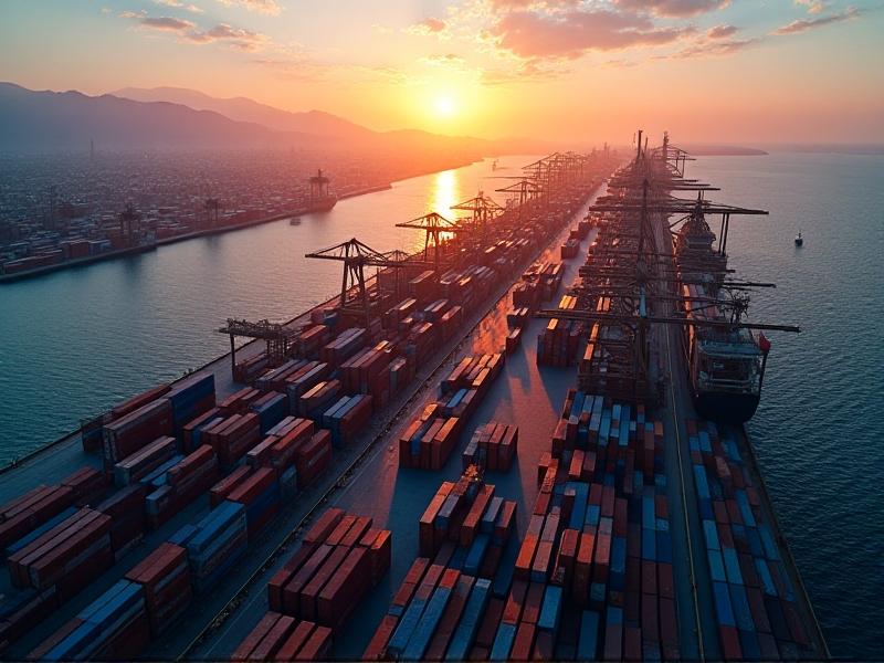 An aerial view of a severely congested maritime port at sunset, with stacks of multicolored shipping containers forming maze-like patterns, cranes frozen mid-operation, and cargo ships anchored offshore. The golden-hour lighting casts long shadows, highlighting logistical gridlock.