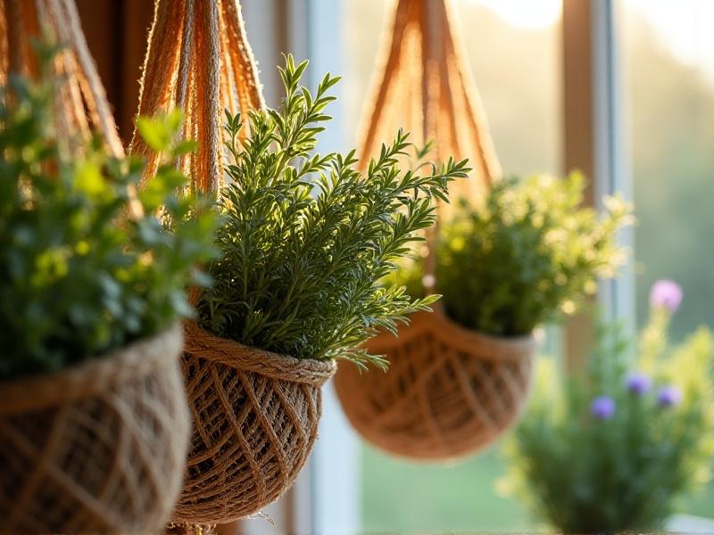 Close-up of woven jute nets hanging near a sunlit window, filled with bunches of rosemary, thyme, and lavender. Soft morning light highlights the delicate herbs and the coarse texture of the nets, evoking a sense of rustic simplicity and natural preservation.