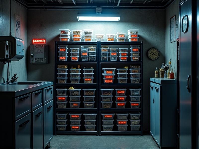 A modular shelving unit in a cool, dark basement, featuring stackable plastic bins labeled ‘Grains,’ ‘Proteins,’ and ‘Medications.’ A dehumidifier hums in the corner, with temperature gauges visible on the wall.