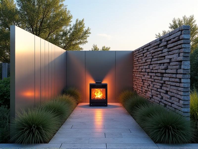 Side-by-side comparison of windbreak materials: gleaming stainless steel panels, textured ceramic tiles, and stacked slate stones beside a portable stove. Morning light highlights material textures, with a faint heat haze rising from the stove.