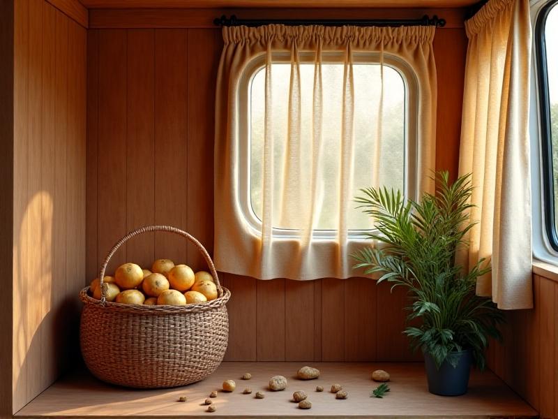 A cross-sectional view of a van wall with layered spray foam insulation, covered by reclaimed wood paneling. A woven basket of potatoes rests against the wall, shielded from sunlight by a thick thermal curtain in earthy tones.