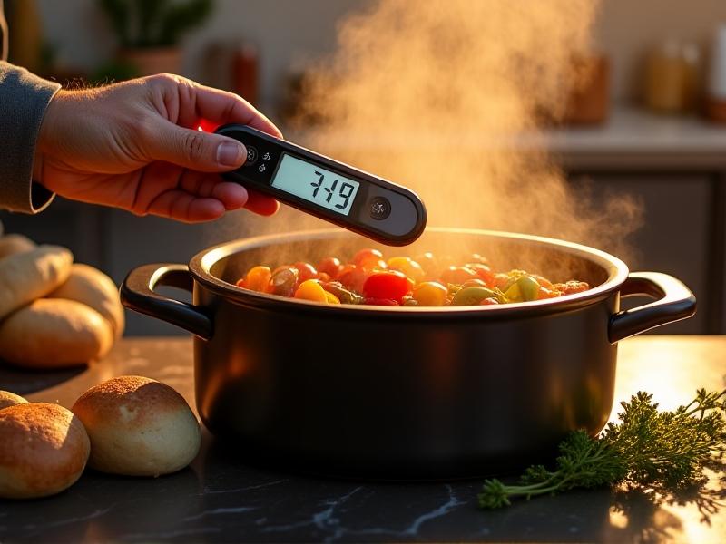 Chef's hand adjusting digital thermometer on a waterless cooking pot, steam visible at lid edges, ingredients inside showing perfect doneness, warm golden hour lighting casting long shadows across marble countertops