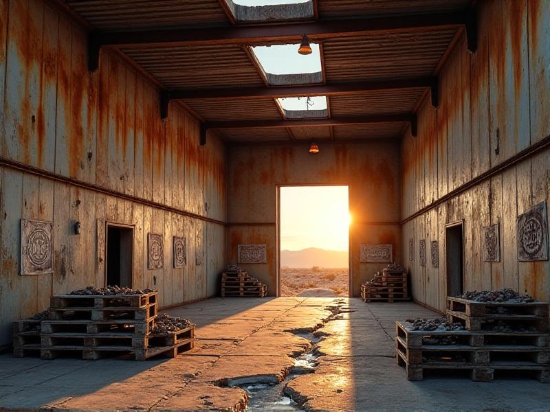 A decaying food storage facility with rusted metal walls, cracked concrete floors, and collapsed wooden pallets. Faded ‘1985 Inspection Certified’ placards hang crookedly, while sunlight streams through holes in the corrugated roof, symbolizing neglect.