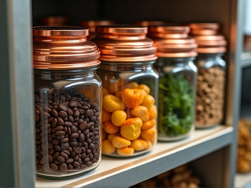 Close-up of three storage layers: Top has glass jars with copper airtight lids holding coffee beans. Middle layer features BPA-free plastic bins with handles for frozen vegetables. Bottom shows collapsible silicone bags storing bulk nuts, flattened to save space.