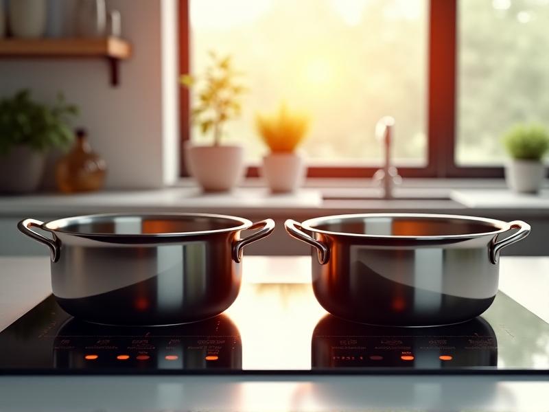 Two pots on an induction cooktop: one high-quality stainless steel pot with a thick base and a lightweight, warped aluminum pot. The cooktop’s interface displays varying power levels in a kitchen with natural light from a nearby window.