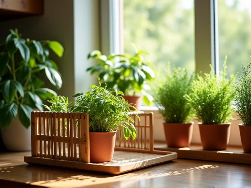 A bamboo dish rack with detachable recycled plastic drip tray, surrounded by potted herbs on a reclaimed wood countertop, afternoon sun casting soft shadows through energy-efficient windows.