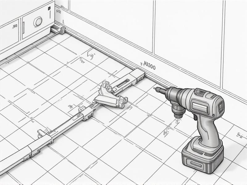 A diagrammatic illustration showing a hand drilling a magnetic strip into a white kitchen wall with a stud finder and level nearby. The strip is positioned 52 inches above a checkered tile floor, with arrows indicating proper spacing between knives. Soft shadows and labeled tools create an instructive, technical visual.