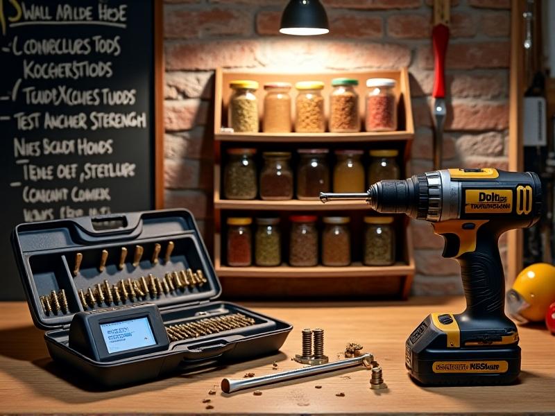 A handyman’s toolkit open on a countertop, showing a stud finder, toggle bolts, plastic anchors, and a drill. In the background, a spice rack is mounted on a brick wall using heavy-duty masonry screws. The scene is lit with bright workshop lights, emphasizing practicality and precision. A chalkboard checklist titled ‘Wall Prep Steps’ is partially visible, with items like ‘Locate Studs’ and ‘Test Anchor Strength.’