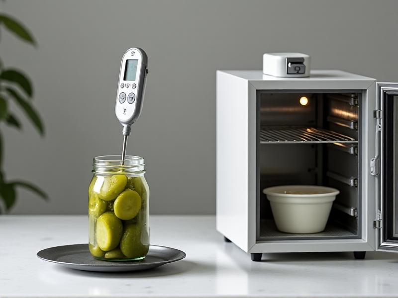 A well-organized workspace with fermentation tools: a digital thermometer probe in a jar of pickles, a heat mat under a yogurt container, and a converted mini-fridge with a temperature controller. The image has a modern, minimalist aesthetic with neutral backgrounds and focused lighting on each tool.