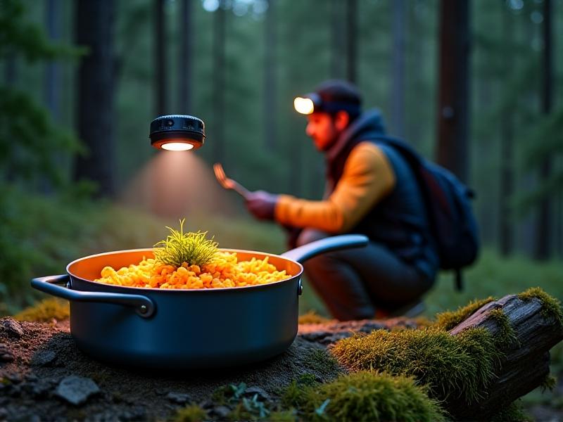 A sequence of images in a camping setting: dehydrated pasta in a titanium pot, adding boiling water, stirring with a spork, and the final creamy meal garnished with parsley, captured under the warm glow of a headlamp at dusk.