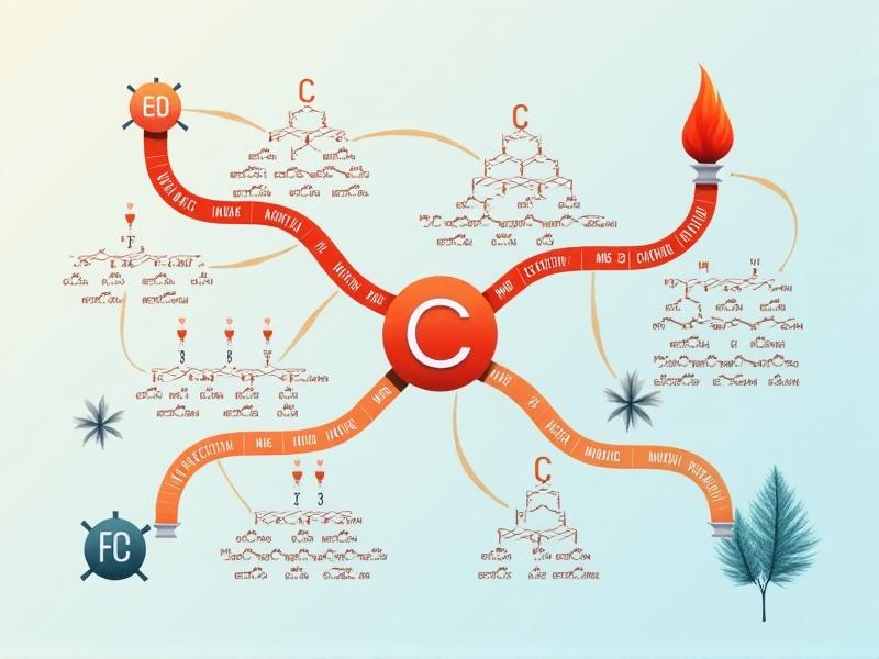 A scientific diagram showing the chemical degradation of Vitamin C in a dry setting. Arrows indicate pathways from ascorbic acid to dehydroascorbic acid and other byproducts, with heat and oxygen symbols (flame and O2 bubbles) superimposed. Style: minimalist infographic with warm red and cool blue tones. Keywords: Vitamin C degradation, oxidation, Maillard reaction, chemistry.