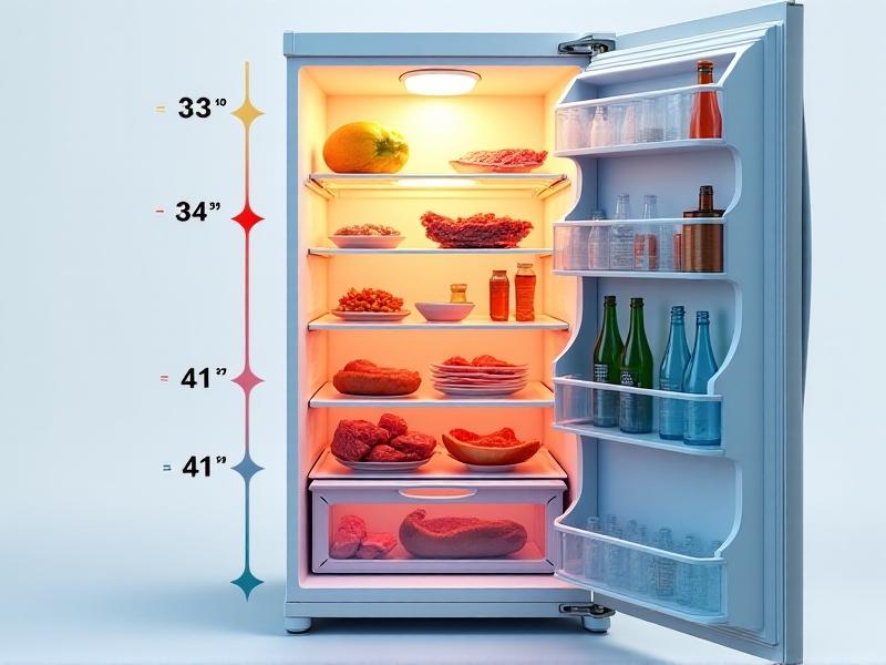 An illustrated cross-section diagram of a refrigerator showing gradient temperature ranges from 33°F (0.5°C) at the bottom shelf to 41°F (5°C) at the door. Arrows indicate cold air circulation patterns, with raw meat on the coldest lower shelf and drinks on the warmer upper door shelves.