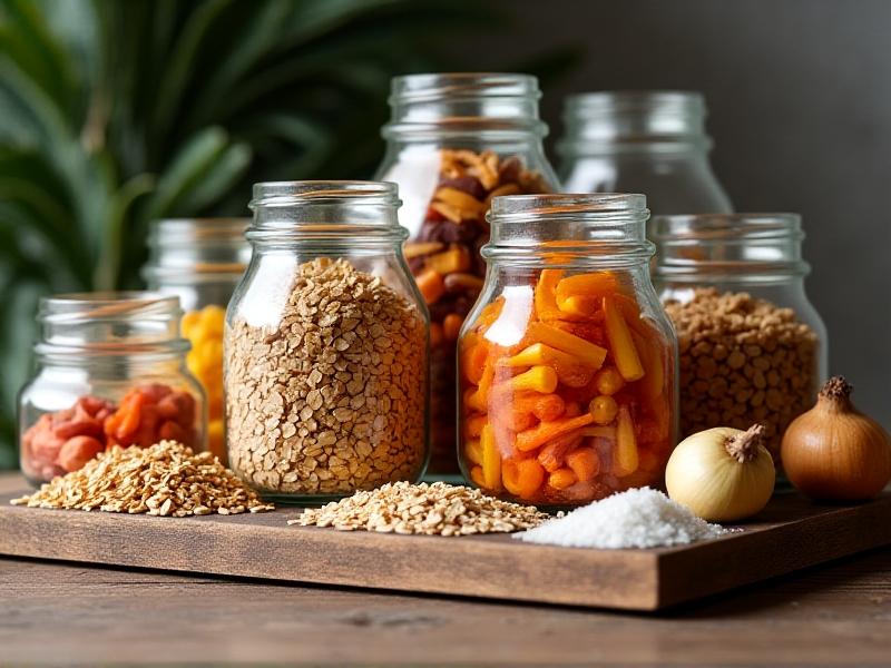 A wooden table displaying bulk dry goods: oats in glass jars, dehydrated vegetables in Mylar bags, honey jars, and salt blocks. Earthy tones and natural textures emphasize longevity and simplicity.