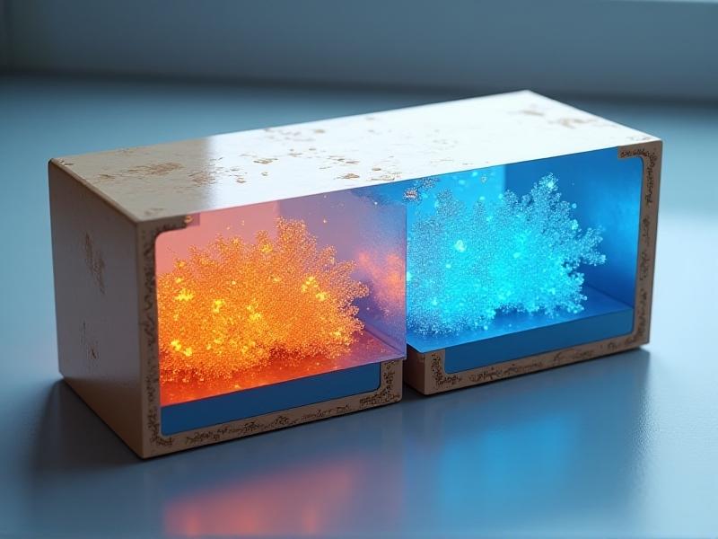 A cutaway view comparing traditional packaging (left) with active modified atmosphere packaging (right). Arrows show oxygen absorption and nitrogen release processes. The design uses transparent layers and glowing gas particles to illustrate technological advancement, with a color shift from orange to blue indicating improved preservation.