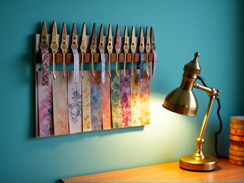 A magnetic strip repurposed in a craft room holding scissors, washi tape rolls, and metal thimbles. The strip is mounted on a turquoise-painted wall with craft paper and fabric swatches visible below, lit by a vintage desk lamp.