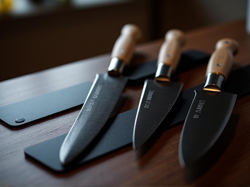 A close-up of a stainless steel magnetic knife strip with integrated child-safe locks, featuring a matte black finish. The strip holds three Japanese-style chef’s knives at a 15-degree downward angle. Ambient light reflects off the blades, emphasizing the secure grip of the magnets and the strip's sleek, modern aesthetic.