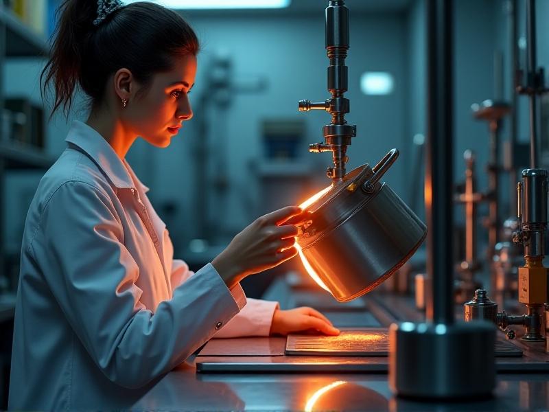 A laboratory technician examines a stainless steel pot undergoing high-temperature testing, glowing orange edges visible in a darkened room, precision instruments measuring thermal expansion, hyper-realistic industrial aesthetic.