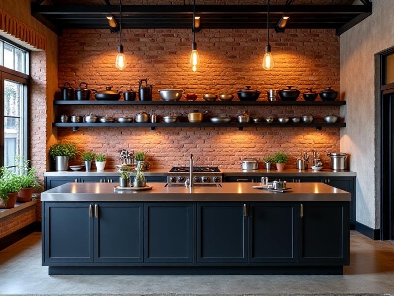 An industrial-style kitchen with exposed brick walls and a matte black ceiling pot rack holding cast-iron skillets, paired with Edison bulb pendants and a stainless steel countertop.