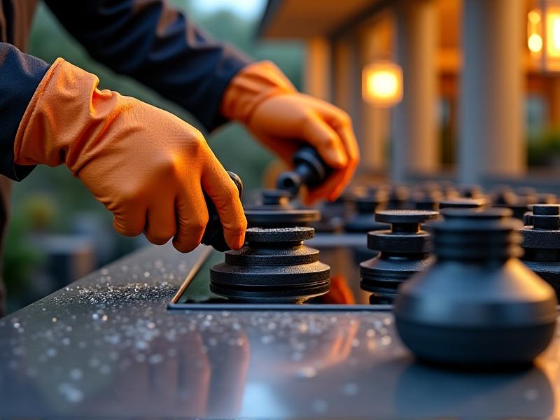 A person wearing gloves applies a soapy water solution to a grill-to-stove adaptor connection, with bubbles forming indicating a gas leak, set in a well-ventilated outdoor kitchen with safety tools nearby.