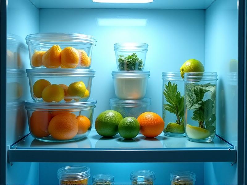 Glass meal prep containers with sliced citrus fruits and herb-infused waters sit beside a tiered cupcake stand holding yogurt cups on a refrigerator's upper shelf. Transparent lids reveal colorful contents under cool-toned LED lighting.