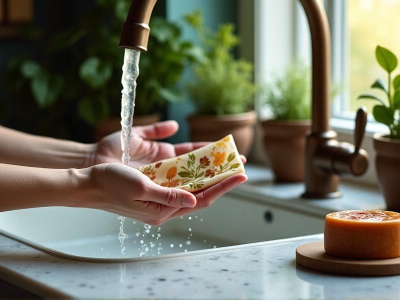 A pair of hands gently washing a patterned beeswax wrap in a ceramic sink with cool water and a bar of natural soap. The wrap's beeswax coating glistens under soft daylight, with green plants and eco-friendly kitchen products in the background.