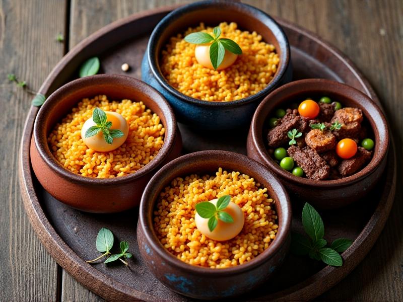 Overhead view of three rustic earthenware pots: one filled with Spanish paella (golden rice, shrimp, and peas), another with Japanese donburi (marinated beef and soft-boiled egg atop rice), and a third with Moroccan tagine (tender lamb, apricots, and chickpeas). Warm ambient lighting casts soft shadows, celebrating cultural diversity on a weathered wooden table.