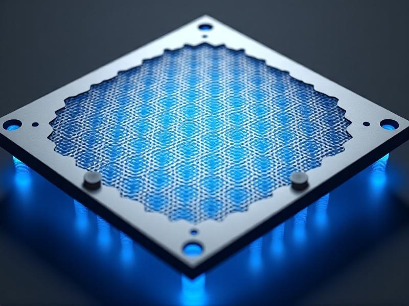 A 3D CAD model of a hexagonal-patterned heat diffuser plate, rendered in metallic silver with blue thermal overlay showing heat dispersion. The background features engineering software UI elements, emphasizing technical design processes.