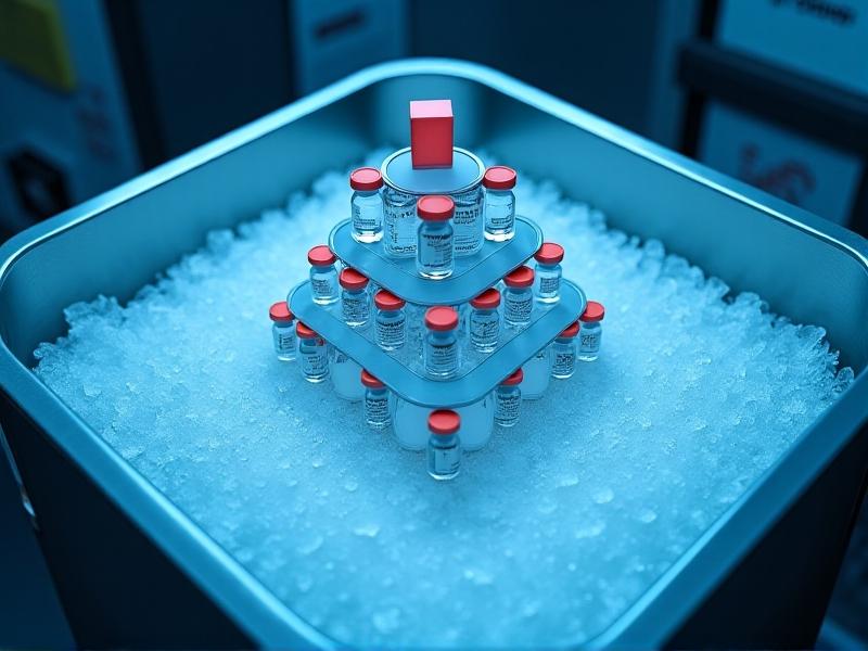 Stacked vaccine vials nestled in dry ice pellets inside a medical cooler, red cross emblem visible, under clinical blue lighting emphasizing sterile conditions.