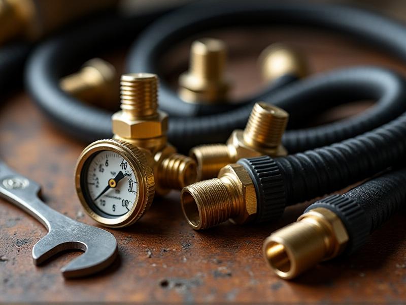 A close-up of a grill-to-stove conversion kit laid out on a wooden table, featuring brass fittings, a black rubber hose, a pressure regulator, and a wrench, with detailed textures and metallic reflections under soft workshop lighting.