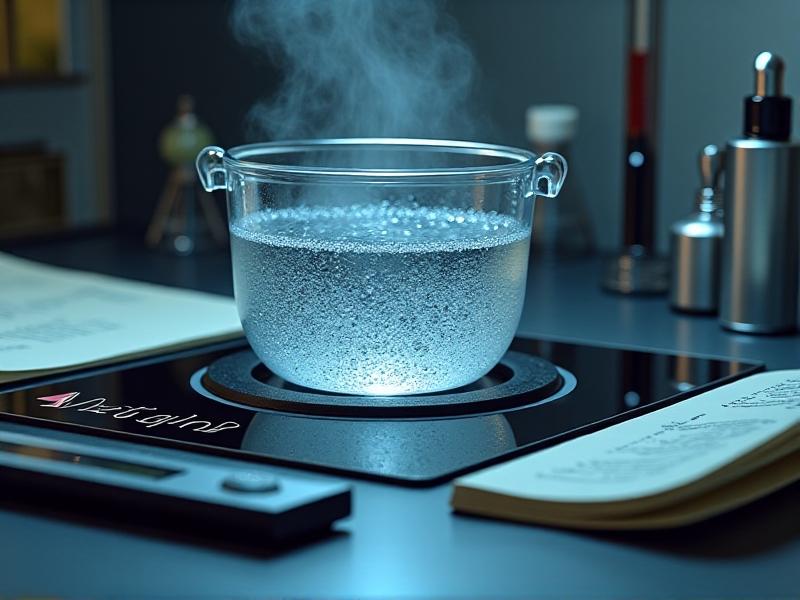 A digital power meter attached to an induction cooktop with visible cables, displaying real-time wattage readings. A glass pot filled with water bubbles on the cooktop, surrounded by lab equipment like a thermometer and notepad in a well-lit testing environment.